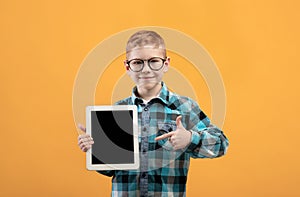 Happy redhead boy pointing at blank digital tablet screen