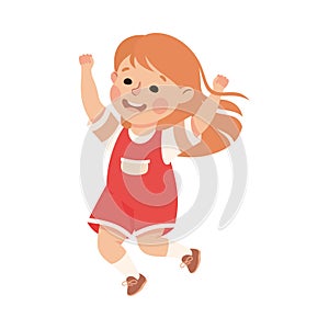 Happy Redhead Girl Jumping with Joy and Hands Up Cheering and Having Fun Vector Illustration