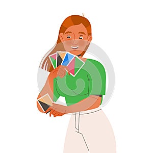 Happy Redhead Woman with Cards Playing Board Game Having Fun on Weekend Vector Illustration