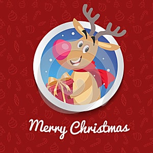 Happy Reindeer with big red nose and cute scarf smiling and taking gift box. Christmas poster or banner. Cartoon style. Red patte