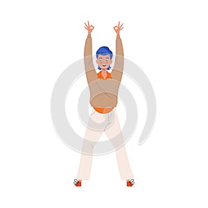 Happy and Rejoicing Man Character with Blue Hair Cheering Raising Hands Up Showing Ok Gesture Vector Illustration