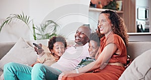 Happy, relax and African family watch television, film movies and streaming media, cable network or subscription video