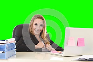 Happy relaxed 40s businesswoman smiling confident working at lap