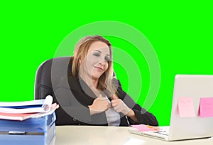 Happy relaxed 40s businesswoman smiling confident working at lap