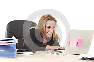 Happy relaxed 40s businesswoman smiling confident working at lap