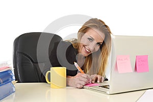 Happy relaxed 40s businesswoman smiling confident working at lap