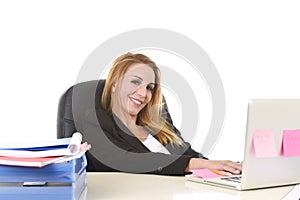 Happy relaxed 40s businesswoman smiling confident working at lap