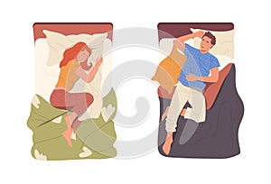 Happy relaxed young woman and man cartoon characters sleeping in bed isolated on white background