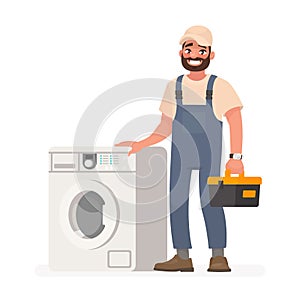Happy repairman and washing machine. Vector illustration