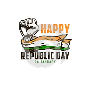 Happy republic day 26 January with India national flag on fist, hand drawn line with digital color, vector illustration