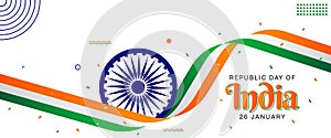 Happy Republic Day with 26 January Text Banner Template, Tri Color India Flag with 3D Ashoka Wheel Decorated Background Design