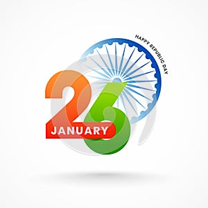 Happy Republic Day greeting card design with 26 January lettering and Ashoka Wheel illustration on white background.