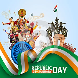 Happy republic Day India 26th January. Indian monument and Landmark with background , poster, card, banner. patriotic vector