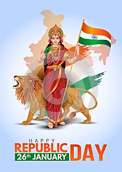 Happy republic day India. 26 January, Bharath Mata holding Indian flag in front of lion. vector illustration design photo