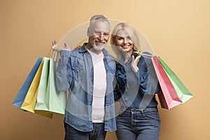 Happy retired couple shopaholics with colorful shopping bags