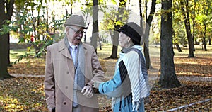 Happy retired family couple talking emotionally during walk in the autumn park