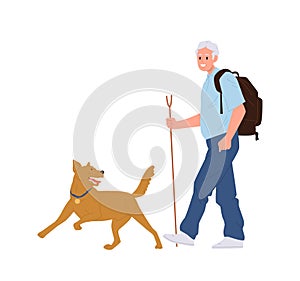 Happy retired man backpacker cartoon character walking dog enjoying hiking activity outdoors