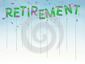 Happy retirement balloons with confetti and blue sky background