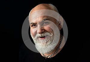 Happy retirement. Close up portrait of senior smiling pensioner looking at camera. Old Man. Modern Grandfather, grandpa.