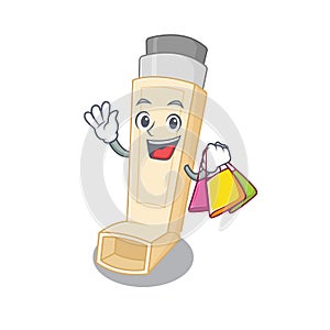 A happy rich asthma inhaler waving and holding Shopping bag