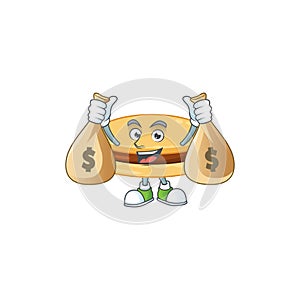 Happy rich brown alfajor mascot design carries money bags
