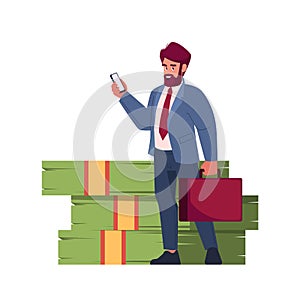Happy Rich Businessman Character. Wealthy Man with Briefcase and Mobile Phone near Cash Cartoon Vector Illustration