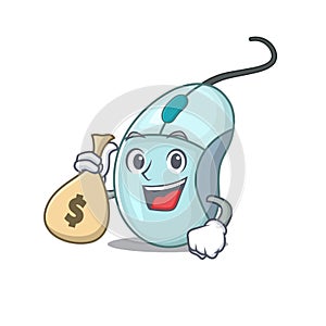 Happy rich computer mouse cartoon character with money bag