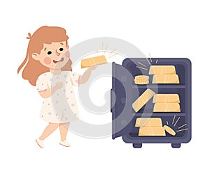 Happy Rich Girl Millionaire with Golden Bar and Safe Deposit Box Vector Illustration