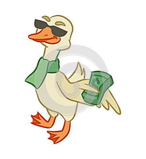 Happy rich goose is holding a wad of money