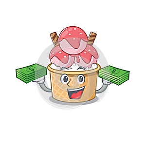 Happy rich ice cream sundae character with money on hands