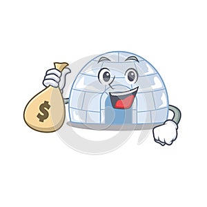 Happy rich igloo cartoon character with money bag