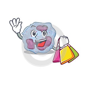 A happy rich leukocyte cell waving and holding Shopping bag