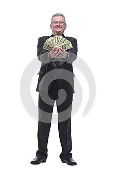 Happy rich man holding fanned out money with hand up