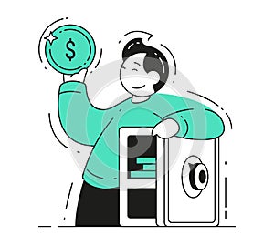 Happy rich man putting cash coin dollar in metallic safe banking account deposit protection vector