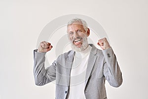 Happy rich old senior businessman investor raising fists isolated on white.