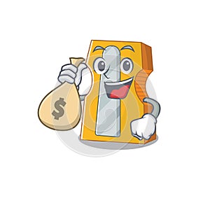Happy rich pencil sharpener cartoon character with money bag