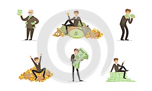 Happy Rich People Set, Men Millionaires Counting and Bathing in Money Cartoon Vector Illustration