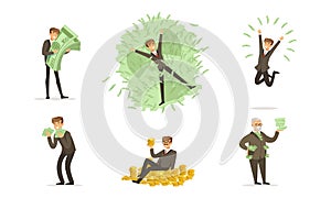 Happy Rich People Set, Wealthy Businessman Millionaires Counting and Bathing in Money Cartoon Vector Illustration