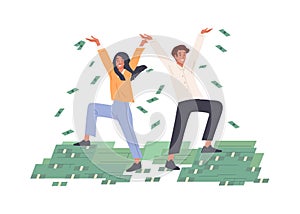 Happy rich people throwing money in air, making dollar rain. Successful couple and piles of cash. Prosperity and wealth