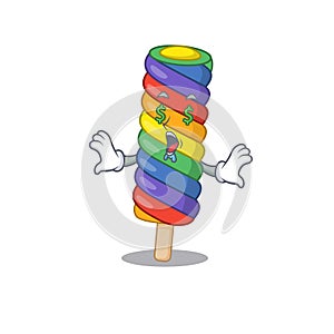 Happy rich rainbow ice cream cartoon character with Money eye