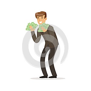 Happy rich successful businessman character with a lot of money vector Illustration