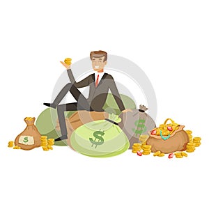 Happy rich successful businessman character sitting on a pile of money bags and precious stones vector Illustration