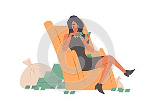 Happy rich and wealthy woman counting cash. Young lady with money stacks and bags. Wealth, abundance, richness, and