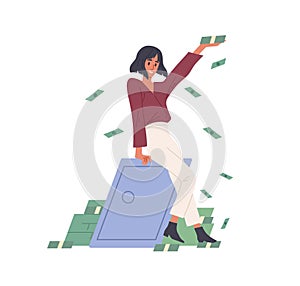 Happy rich woman throwing money, making cash rain. Millionaire near metal safe box with savings. Financial success