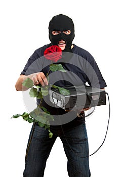 Happy robber come to his girlfriend with a gift