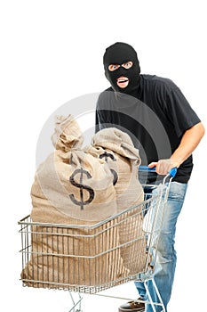 Happy robber with sack full of dollars