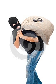 Happy robber with sack full of dollars
