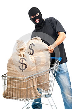 Happy robber with sack full of dollars