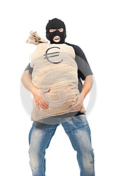 Happy robber with sack full of euro