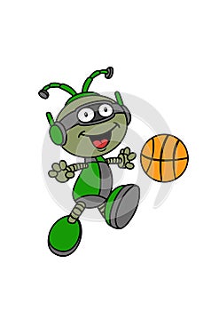 Happy Robot Cartoon Character playing Basketball photo